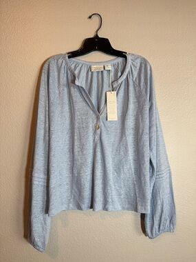 Calypso St. Barth 100%Linen Blouse NWT Light Blue Coastal Peasant Top Size Large